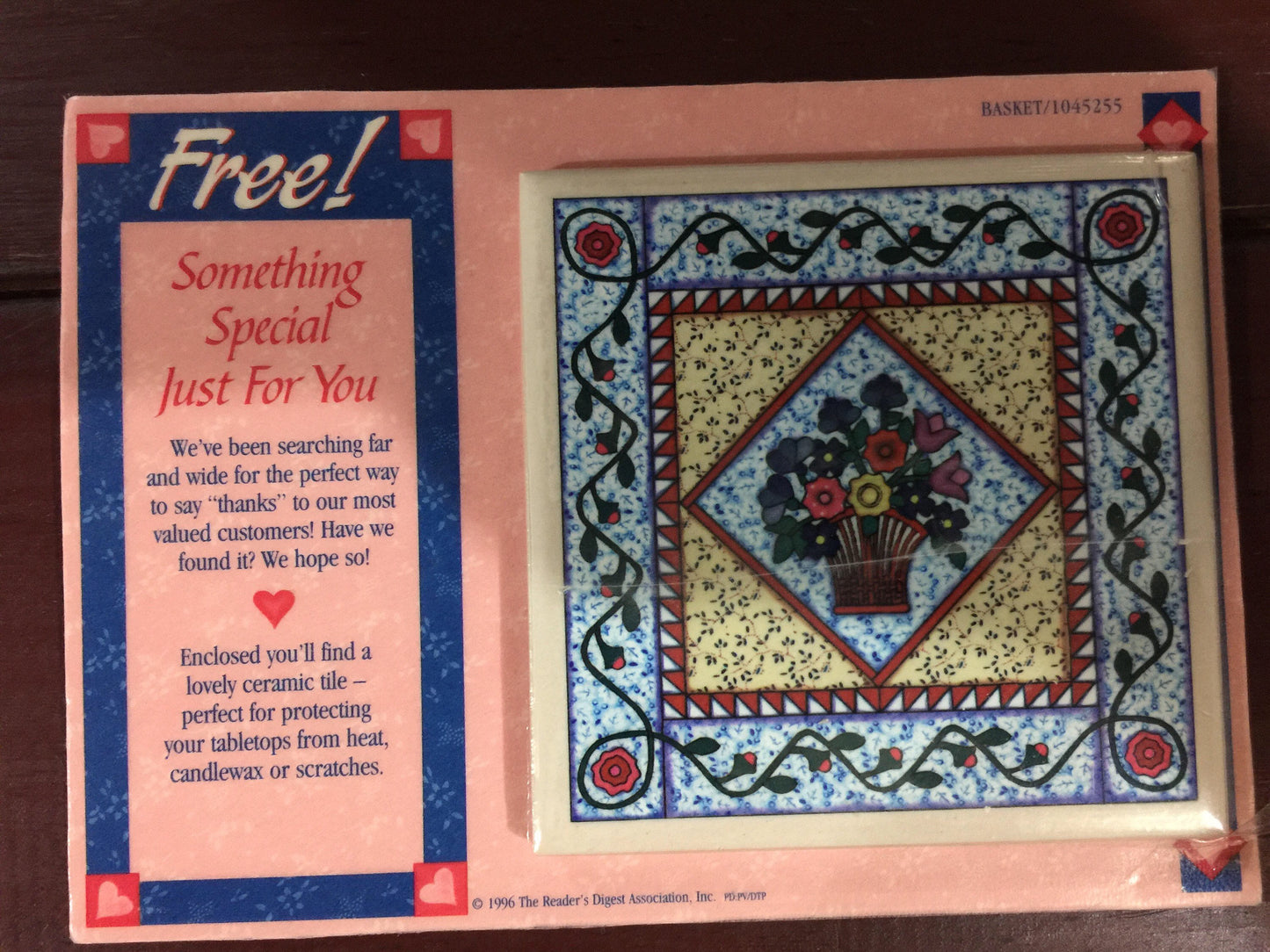 The Reader's Digest Association Inc. Basket 1045255, Vintage 1996, Collectible Advertising ceramic tile