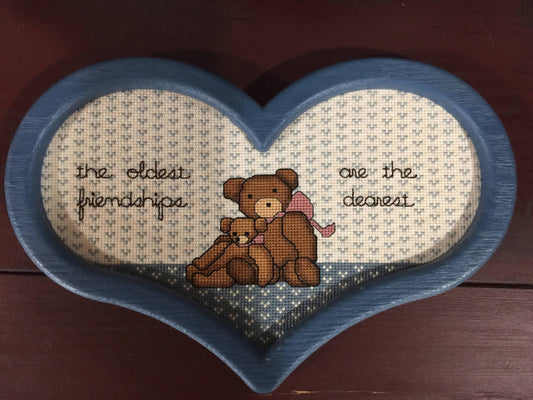 Cute Bears completed vintage cross stitch project, nicely framed in a blue heart shaped frame