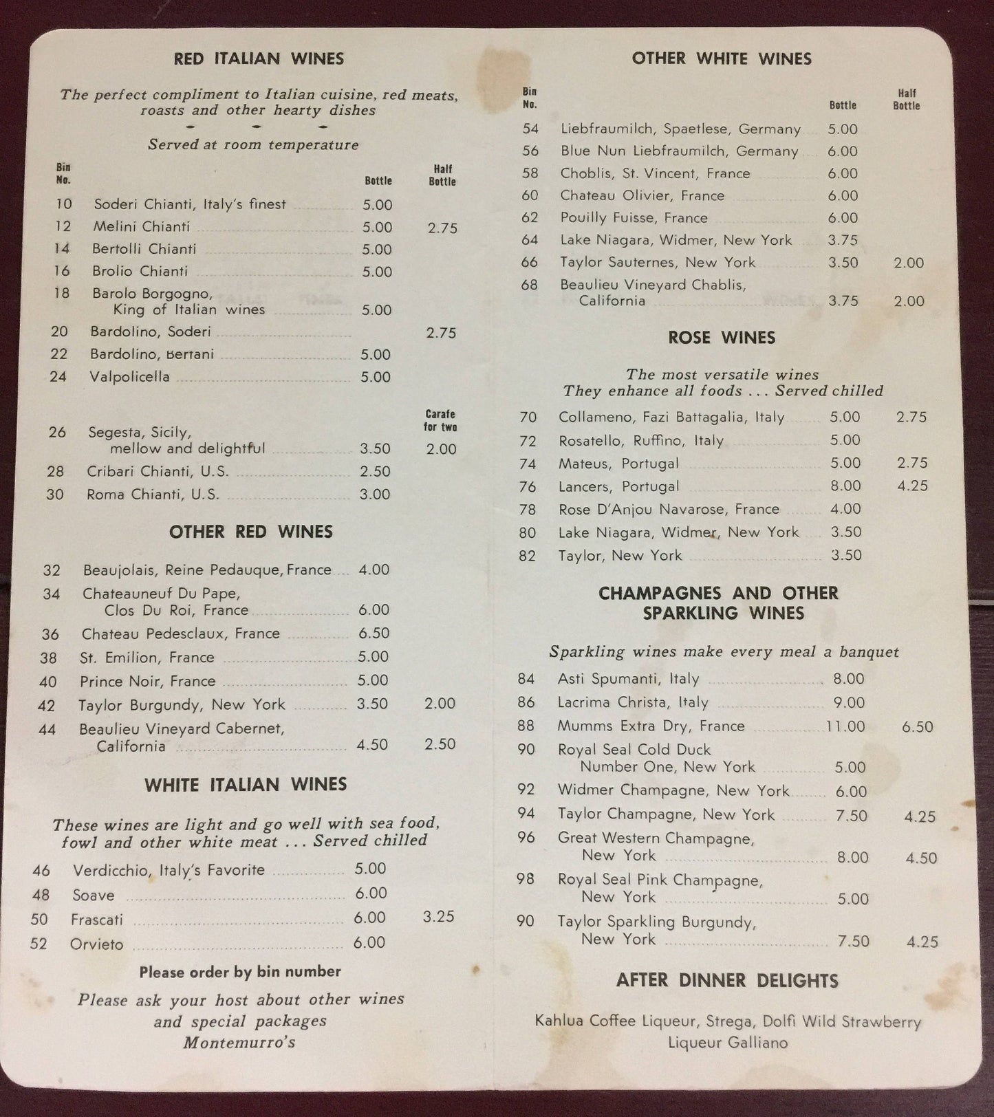 Vintage Collectible wine list from Montemurro's Sharpsburg, PA