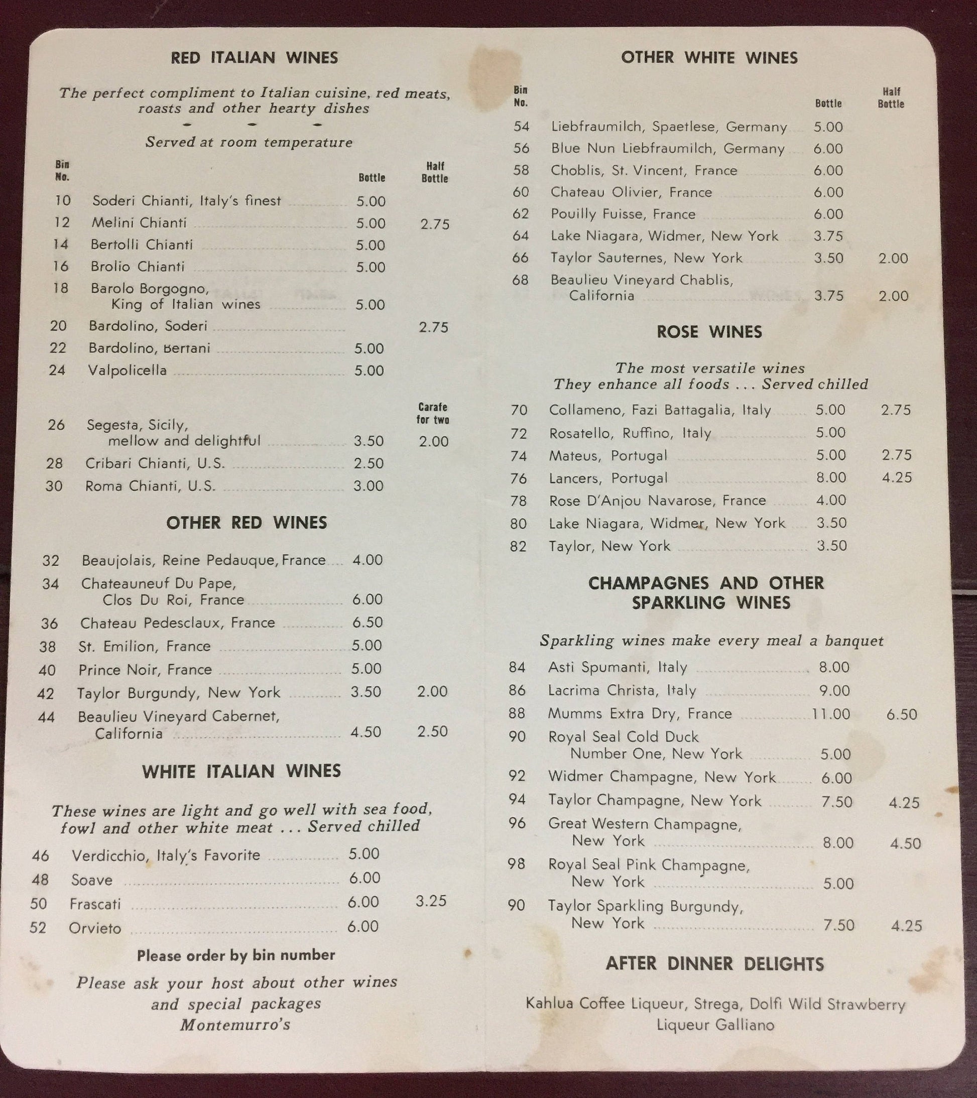 Vintage Collectible wine list from Montemurro's Sharpsburg, PA