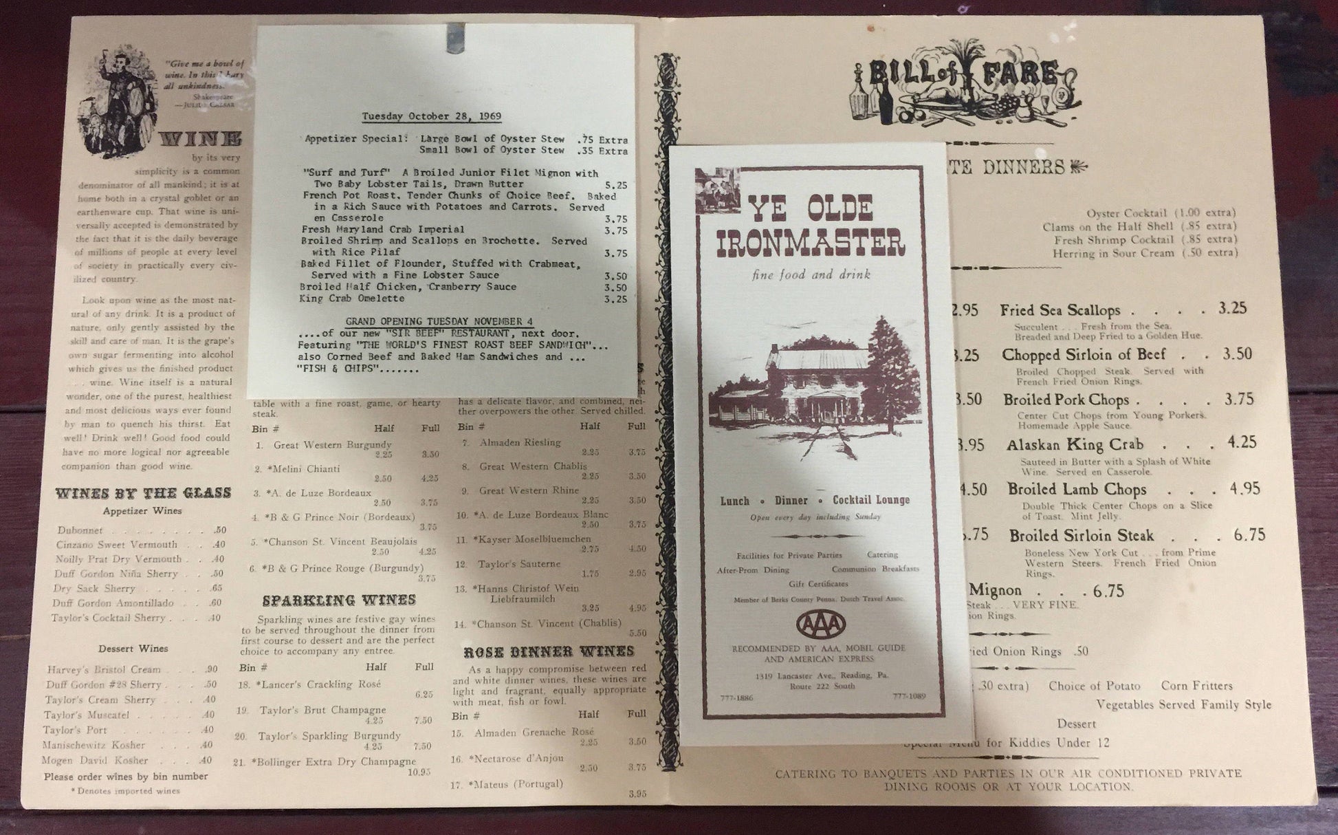 Ye Olde Ironmaster Reading. Pennsylvania, Vintage Collectible menu