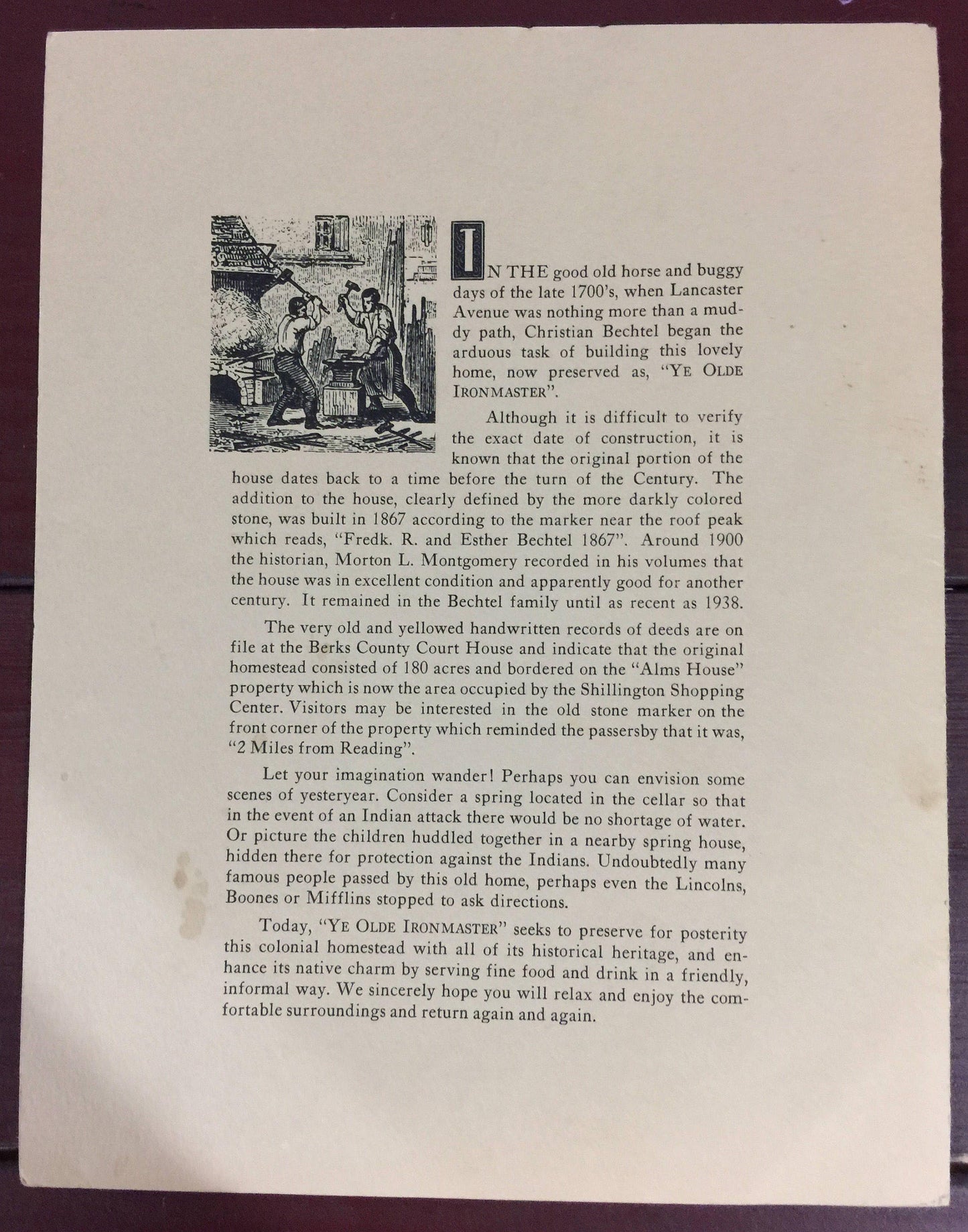 Ye Olde Ironmaster Reading. Pennsylvania, Vintage Collectible menu