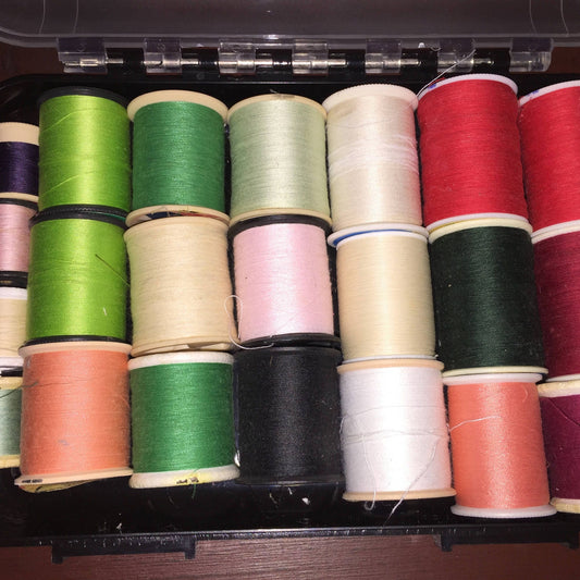 Sewing Notion Bargain Box full of used spools of thread great storage box is included*