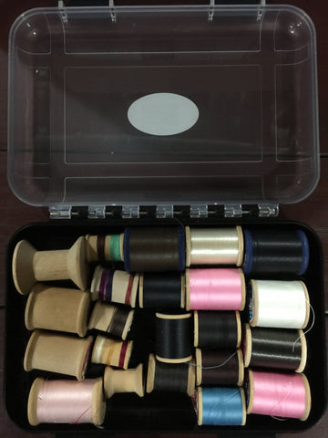 Wooden thread spools in a nice sewing project box, Vintage Collectible Sewing Notions
