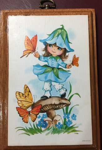 Girl with Butterflies standing on a mushroom, Vintage 1976 Collectible wall plaque made in the Philippines
