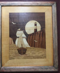 Wood inlay "Canal de Bezgle - Sur Argentino Vintage signed artwork by Dionisio Porlirio, Argentina with certificate of authenticity on back
