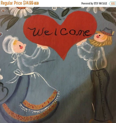 Welcome Sign, Featuring An Amish Looking Couple and Flowers, Vintage Hand Painted Wall Hanging*