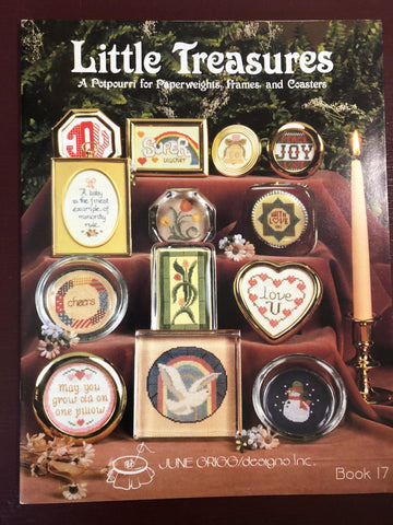 June Grigg, Little Treasures A Potpourri for Paperweights, Frames, and Coasters. Book 17, Vintage 1982 Counted Cross Stitch Chart