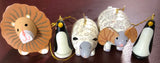 Wooden Animal Ornaments a Lion, Two (2) Sheep, and Two (2) Penguins, Vintage Set of Five (5) Ornaments