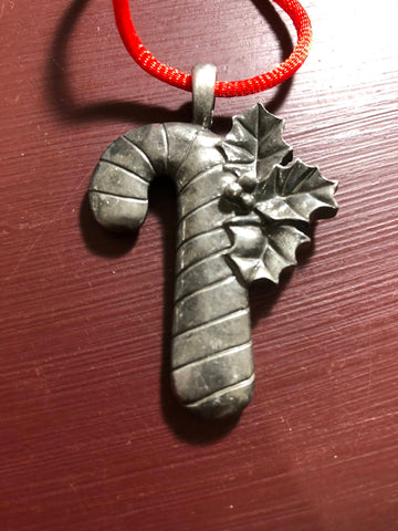 Pewter Candy Cane with Holly Ornament