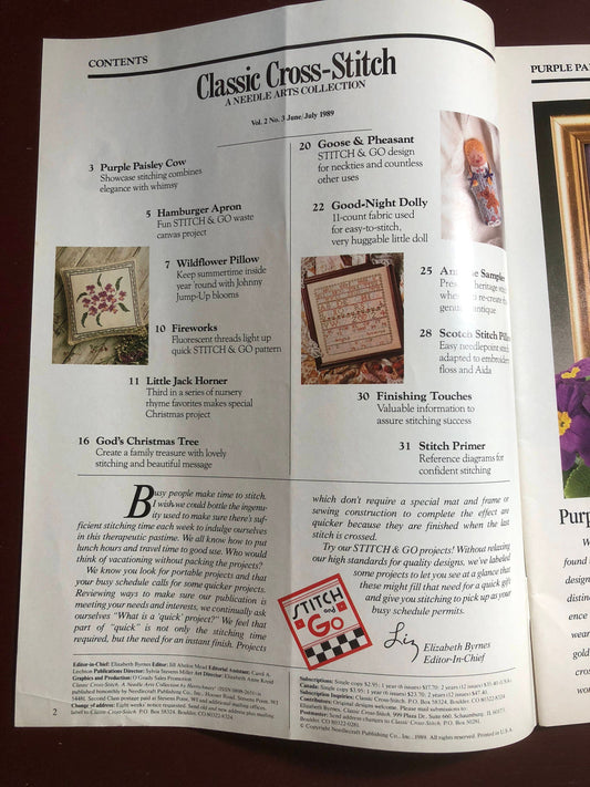 Classic Cross Stitch by Herchners Vintage 1989 magazine,June/July pillows, Antique Sampler Etc.