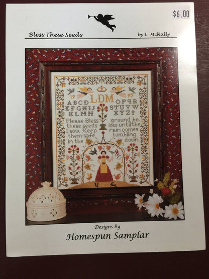 Vintage 1997 Homespun Sampler "Bless These Seeds" by L. McNally Counted Cross Stitch pattern