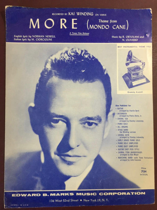 Vintage, 1962, "MORE", Theme From Mondo Cane, Sheet Music, Music by R. Ortolani, N. Olivieroand Lyrics by Norma Newell, M. Ciorciolini*