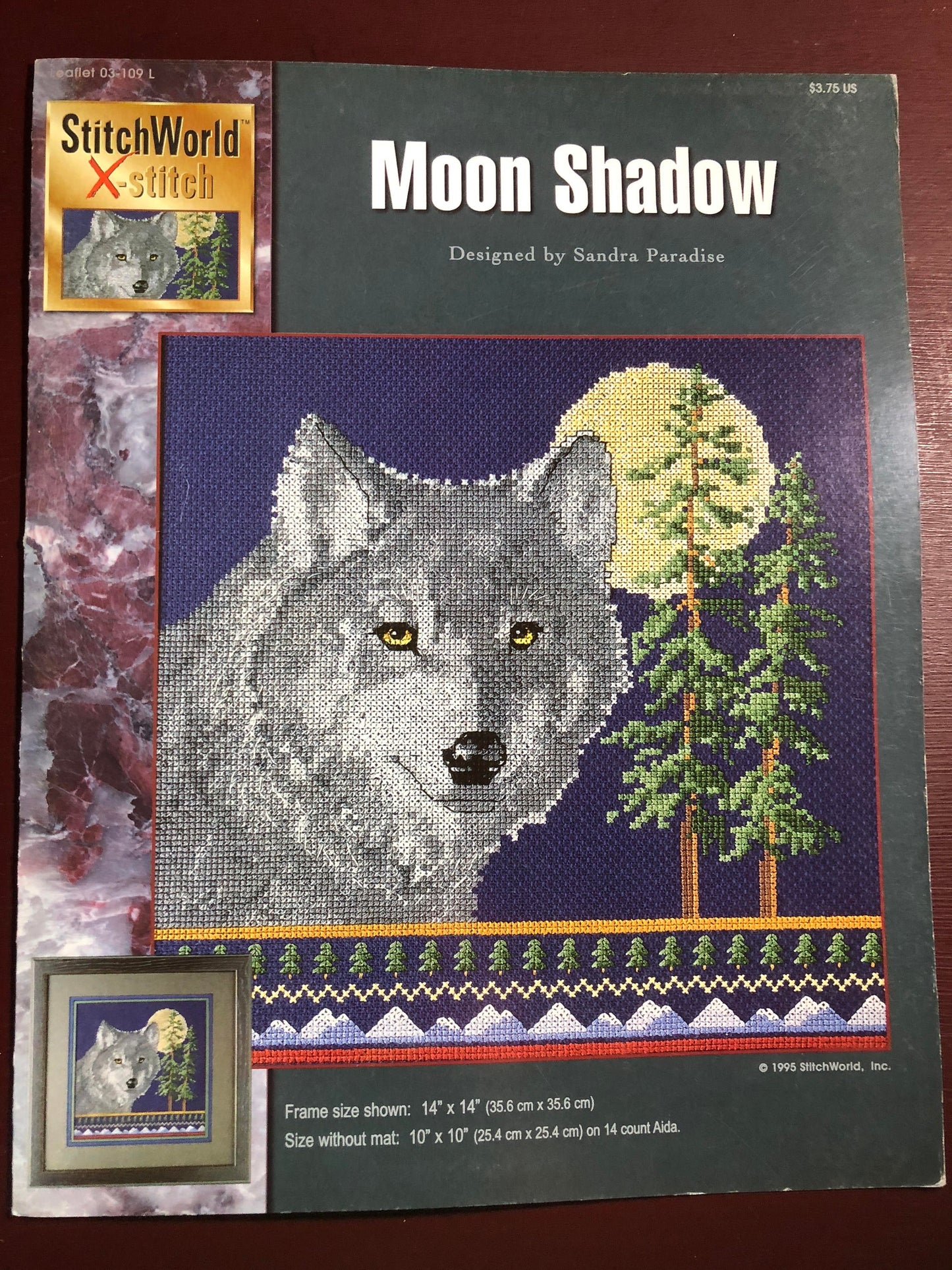 Stitch World, X-stitch, Moon Shadow,Designed by, Sandra Paradise, Leaflet 03-109 L counted cross stitch pattern in color, Vintage ,1995