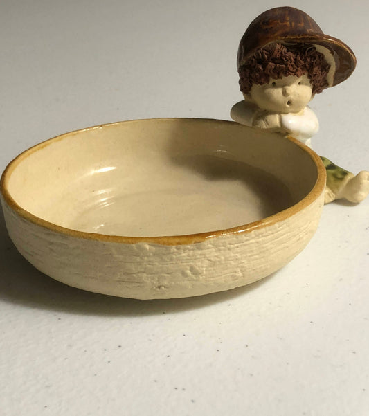 Small Cute Little Long Hair Boy wearing a Ball Cap, Vintage Collectible Ceramic Jewelry Dish