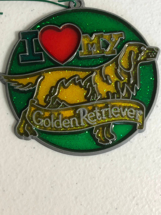 Stained Glass, I Love my Golden Retriever, Vintage, Christmas, Ornament
