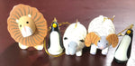 Wooden Animal Ornaments a Lion, Two (2) Sheep, and Two (2) Penguins, Vintage Set of Five (5) Ornaments