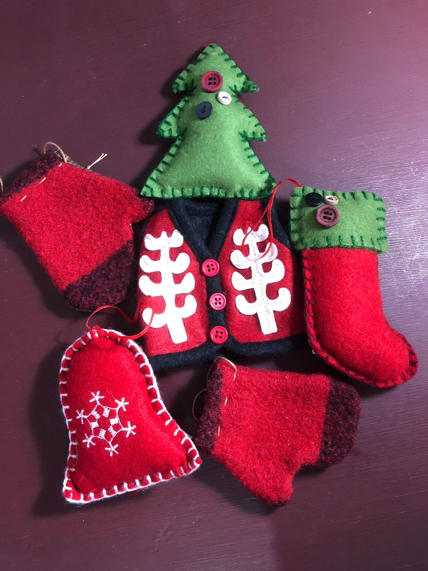 Set of Mittens, Bell, Tree, Stocking, and Vest, Vintage, Set of 6* Felt-Wool Handmade Ornaments