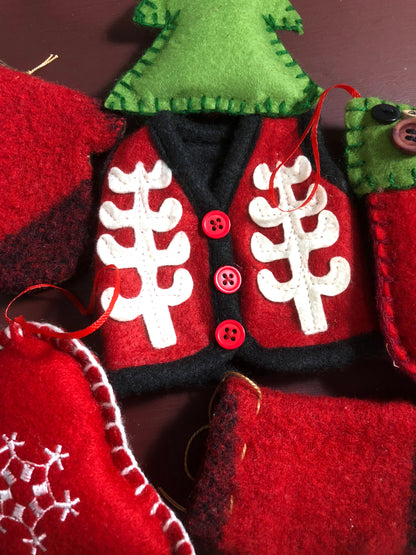Set of Mittens, Bell, Tree, Stocking, and Vest, Vintage, Set of 6* Felt-Wool Handmade Ornaments