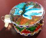 Old World, Little Toy Drum Shaped with Blue Angel Teddy Bear Painted On, Vintage Glass Christmas Ornament