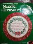 Spirit of Christmas" Needle Treasures, Vintage Counted Cross Stitch Kit by Marcia Harris, on White 14 Count Aida, Wooden Hoop Included