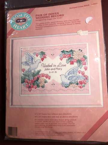From the Heart, Pair of Doves, Wedding Record, Vintage 1990, Designed by Peggy Lee Toole, Stamped, counted cross stitch kit