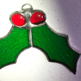 Stained Glass, Two Holly Leaves with Two Berrys, Vintage, Christmas, Ornament