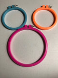 Embroidery Hoops, Set of Three, 6 inch Hot Pink, 4 inch Blue, and 4 inch Peach, Plastic