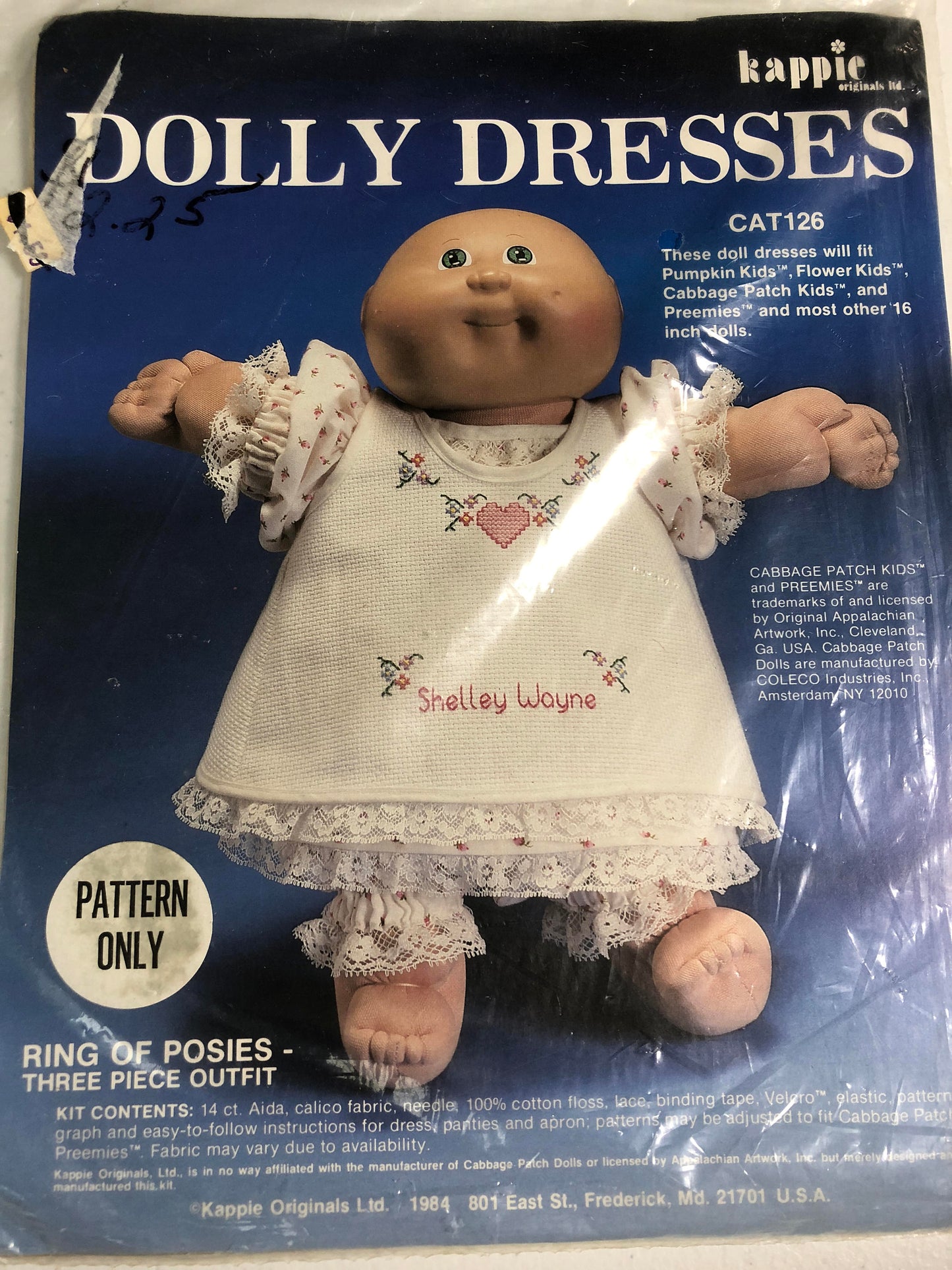 Kount on Kappie, Dolly Dresses, Ring of Posies, Three Piece Outfit for Cabbage Patch Kids and 16 inch CAT 26, Cross Stitch Pattern Only*