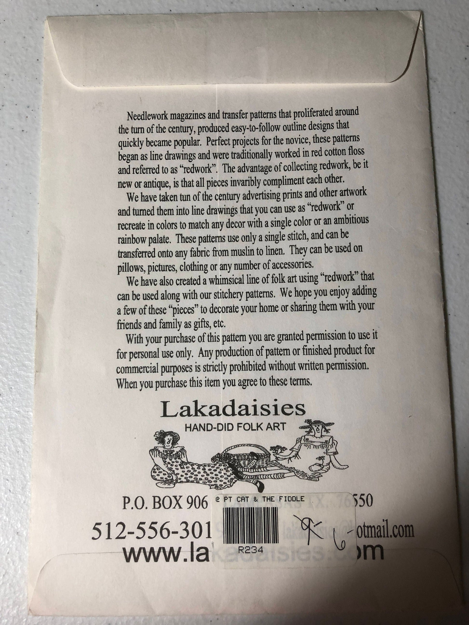 Lakadaisies Hand-Did Folk Art The Cat & The Fiddle, Redwork Pattern Transfer