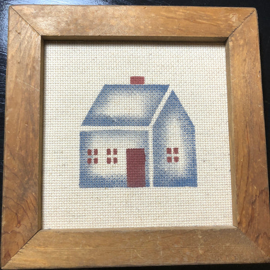 Little Blue House Stenciled on 14 Count Aida Fabric Frame Size 7.5 by 7.5 inch Vintage Completed Picture Finished Object