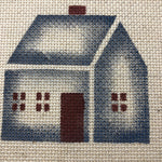 Little Blue House Stenciled on 14 Count Aida Fabric Frame Size 7.5 by 7.5 inch Vintage Completed Picture Finished Object