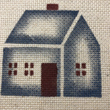 Little Blue House Stenciled on 14 Count Aida Fabric Frame Size 7.5 by 7.5 inch Vintage Completed Picture Finished Object
