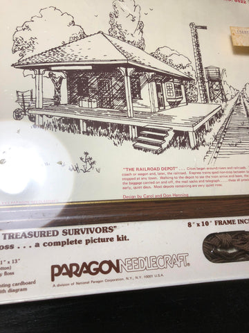 Paragon Needlecraft, The Railroad Depot, Etching in Floss Kit, includes 8 by 10 Frame and Floss, Vintage 1980, Counted Cross Stitch Kit