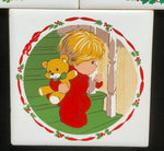 Jasco, Child with Teddy Bear, Christmas Tree, and (2) Two Boy by the Fire, Vintage, 1981, Set of Four (4) Tile Trivets