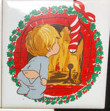 Jasco, Child with Teddy Bear, Christmas Tree, and (2) Two Boy by the Fire, Vintage, 1981, Set of Four (4) Tile Trivets