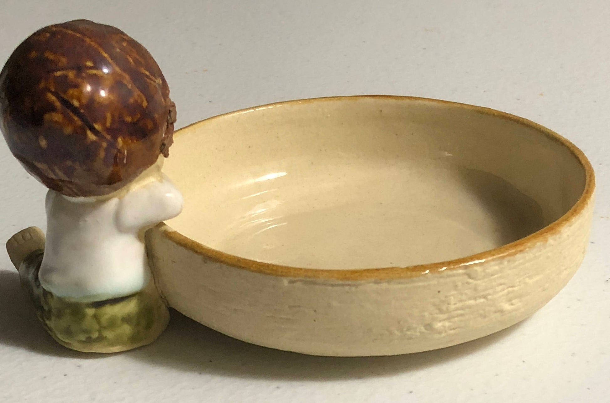 Small Cute Little Long Hair Boy wearing a Ball Cap, Vintage Collectible Ceramic Jewelry Dish