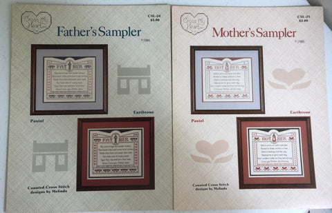 Mother's Sampler, and Father's Sampler Cross My Heart Vintage Set of Two Counted Cross Stitch Design Booklets