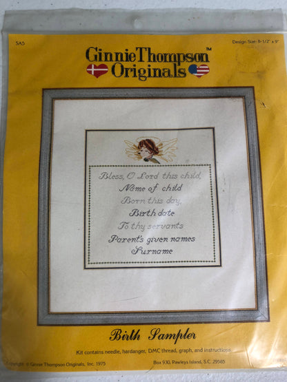 Ginnie Thompson Originals, Vintage 1975, Birth Sampler, Stitched on Hardanger, Counted Cross Stitch Kit sealed in package