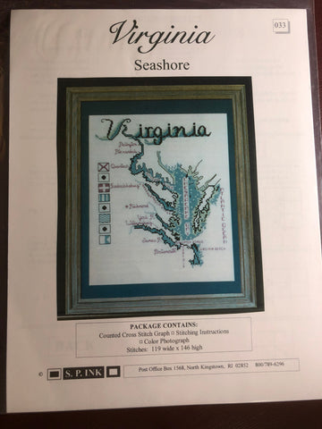 S.P. Ink, Virginia, Seashore, Map Pattern, Vintage, Counted, Cross Stitch Pattern, Stitch Count, 119 by 146