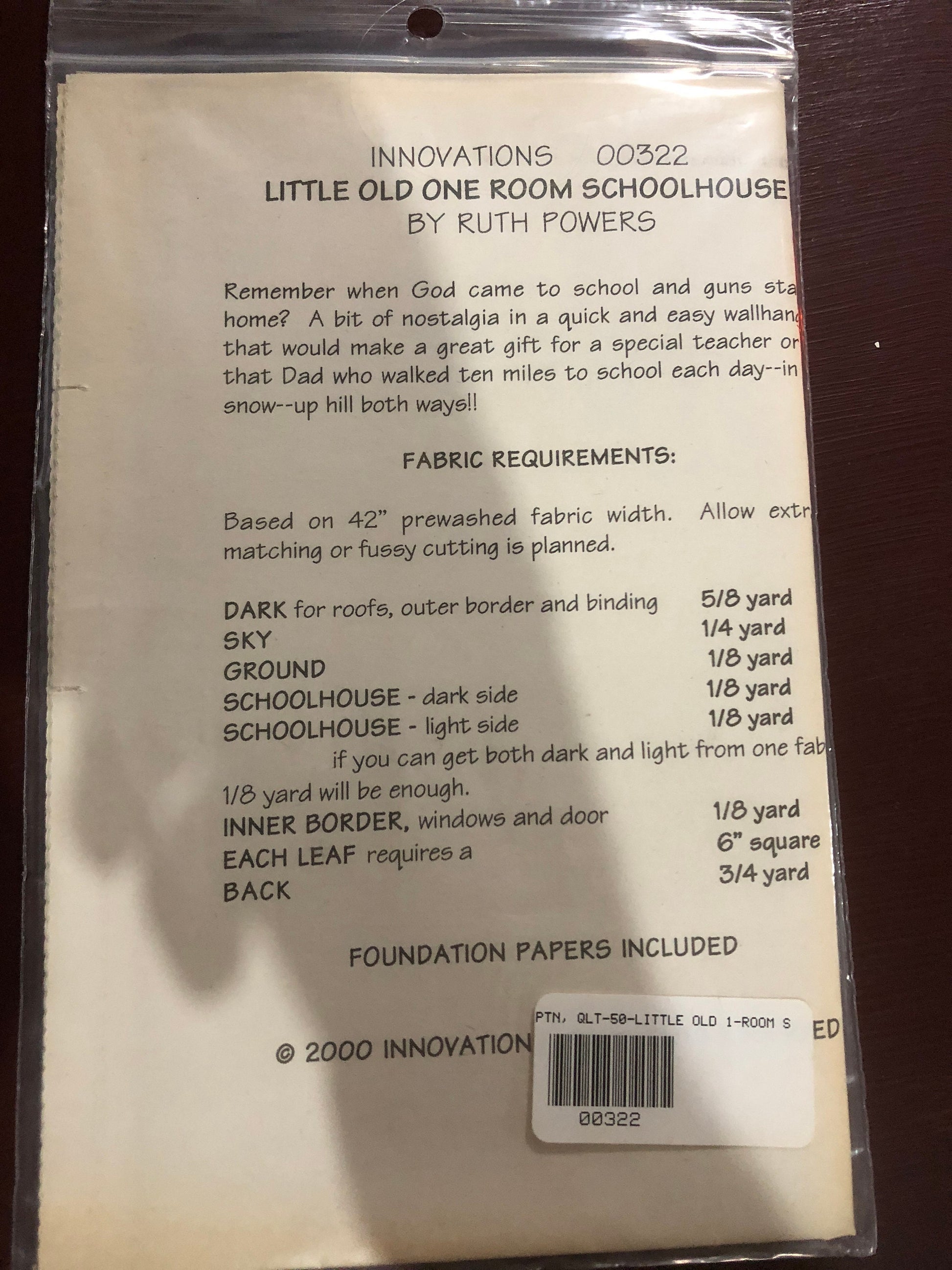 Innovations, Little One Room School House, Quilt Pattern, Finished Piece 23 by 27 inches