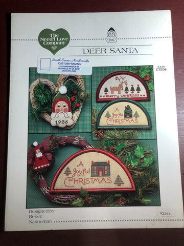 The Need'l Love Company, Deer Santa, Designed by, Renee Nanneman, Vintage 1986, Counted Cross Stitch, Pattern Book