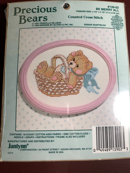 Janlynn, Precious Bears, Be Merry All, Vintage 1992, Counted, Cross Stitch Kit, with Frame Included, Finished Size, 4.5 by 3.5 inches