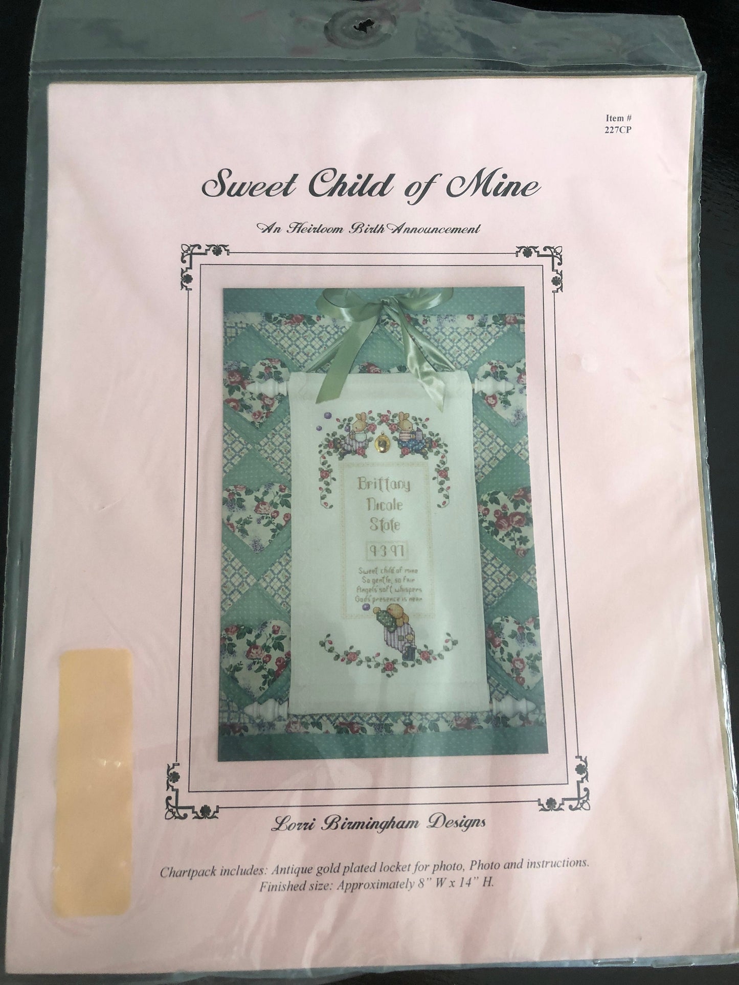 Lorri Birmingham, Sweet Child of Mine, Heirloom Birth Announcement, Counted Cross Stitch Pattern, Antique Gold Plated Locket Included 8x14"