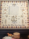 Just Cross Stitch, Jane Giles Sampler, Vintage 1993, Counted Cross Stitch Pattern, 27 by 30 Inch, 35 Count, Tea Dyed, Linen Included