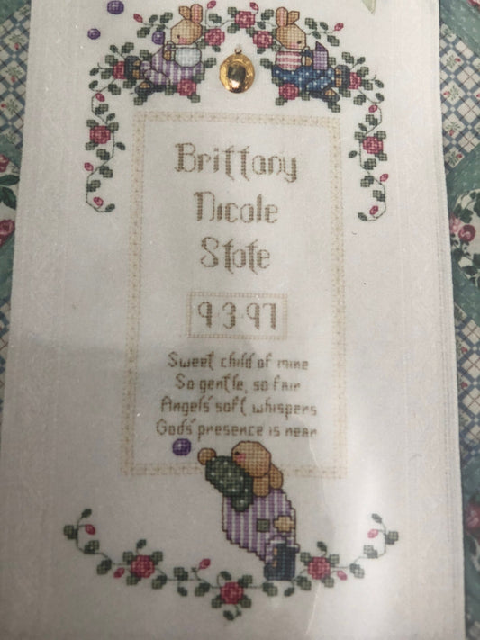 Lorri Birmingham, Sweet Child of Mine, Heirloom Birth Announcement, Counted Cross Stitch Pattern, Antique Gold Plated Locket Included 8x14"