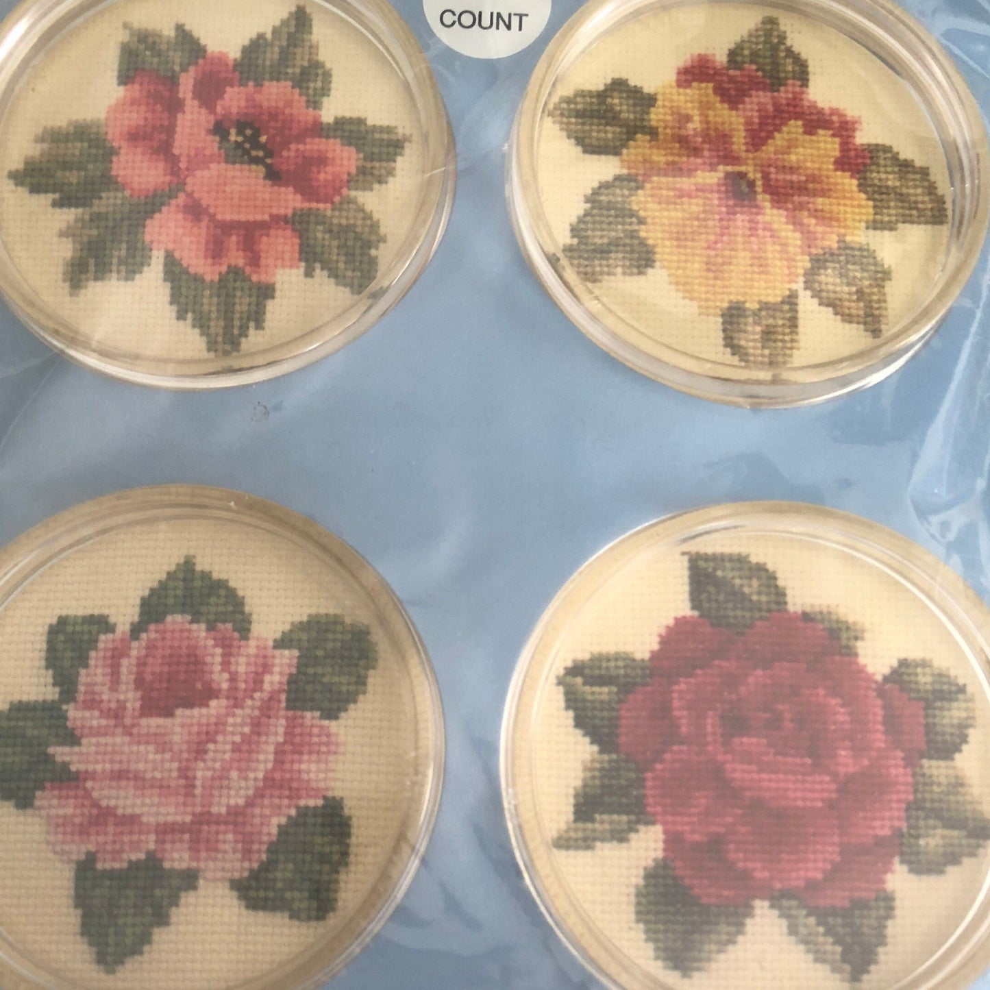 Fond Memories, Choice of 2 Different, Sets of 4 Coasters, Counted Cross Stitch Kits Golfers on 14 Count or Summer Blossoms on 18 Count