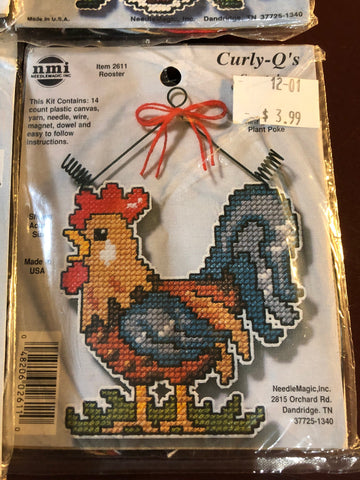 Set of 4 Curly Q's Cross Stitch on Perforated Plastic, Bird House, Rooster, Eagle Christmas Bear