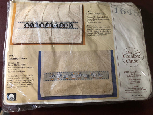 The Creative Circle, Country Geese, 1645, Hand Towels, Vintage Embroidery Kit, Complete With 2 Hand Towels