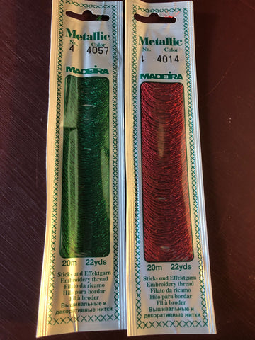 Set of 2, Metallic Madeira, 22 Yards Each, 2 Colors, Red 4014, Green 4057, 22 Yards each